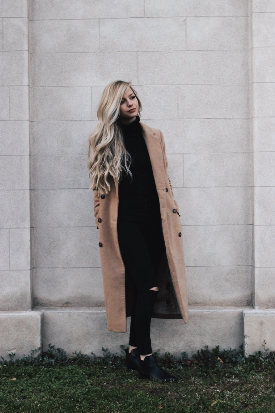 camel coat winter outfit